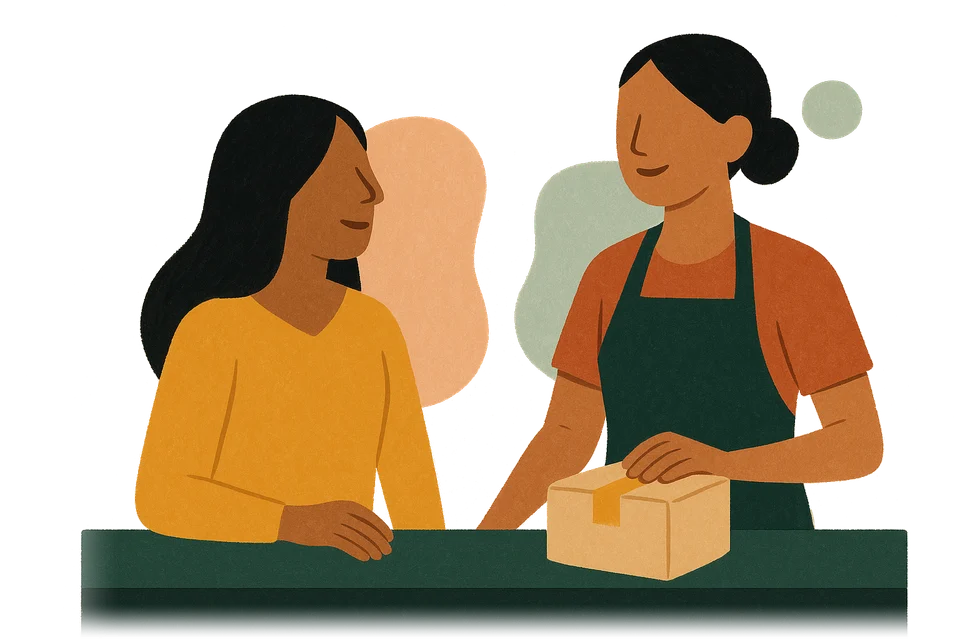 Illustration: a stylist and her client side by side at the counter, a kraft box with saffron tape between them