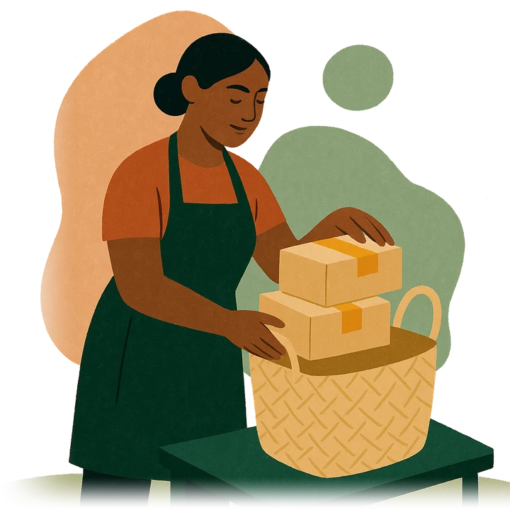 Ilustración: una estilista guarda tres cajas kraft con cinta color azafrán en una bolsa tejida