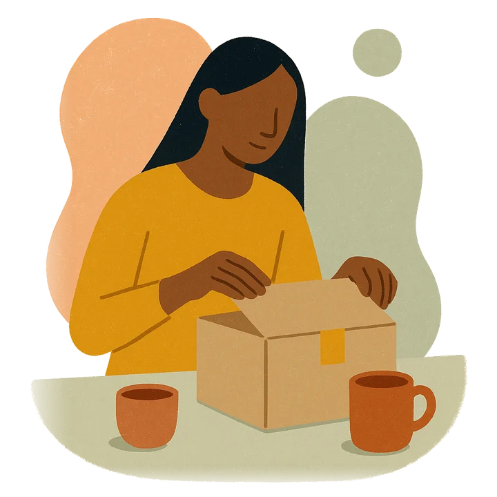 Ilustración: una mujer en la mesa de su cocina abre una caja kraft con cinta color azafrán, con una taza al lado