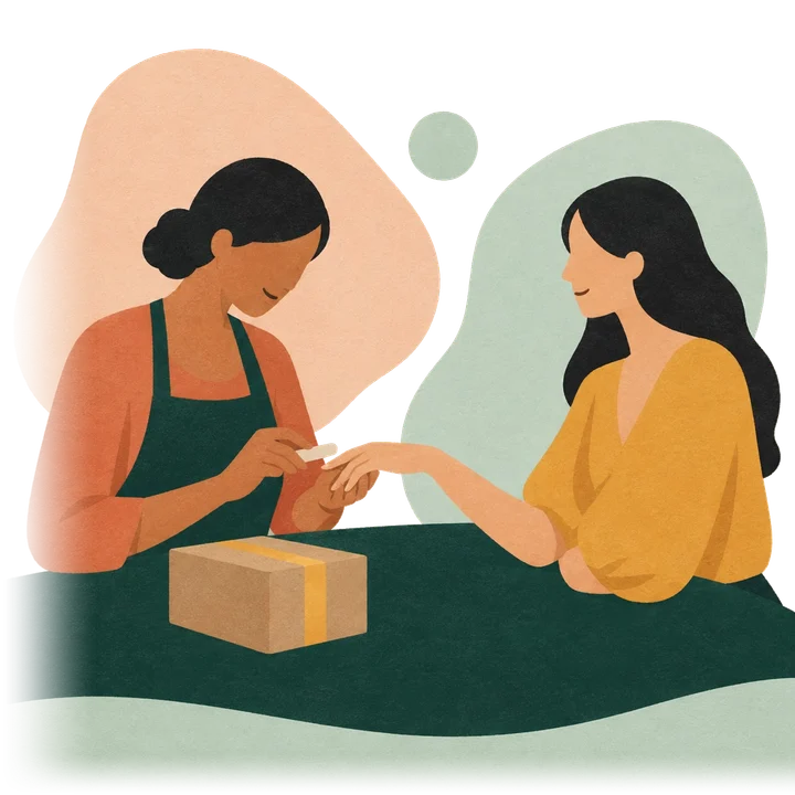 Ilustración: una manicurista trabaja en la mano de su clienta; una caja kraft con cinta color azafrán sobre la mesa