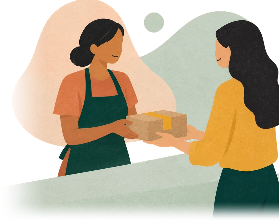 Ilustración: una estilista entrega a su clienta una caja kraft sellada con cinta color azafrán sobre el mostrador