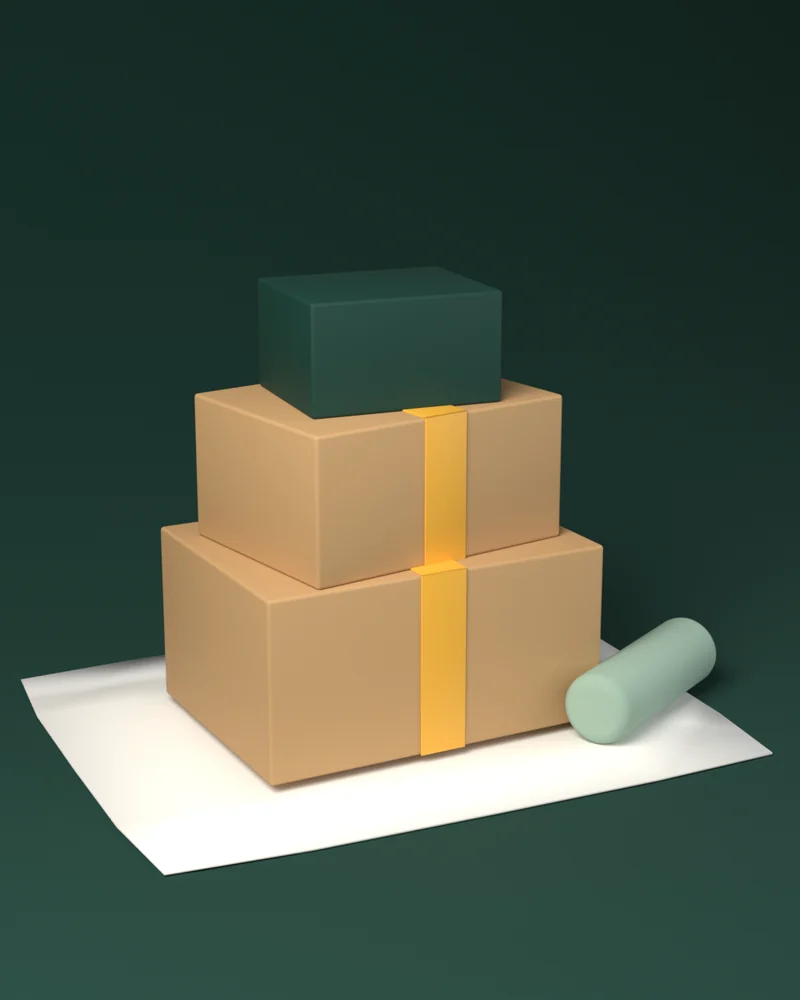 Tres cajas de envío apiladas sobre lino, selladas con cinta color azafrán, listas para enviar